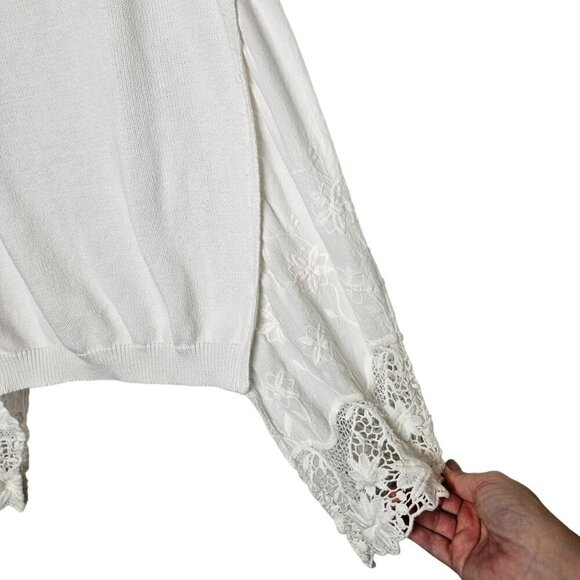 Sundance Medium White Linen Cotton Knit Sweater Crotchet Lace Hem Cottagecore M - Picture 3 of 8